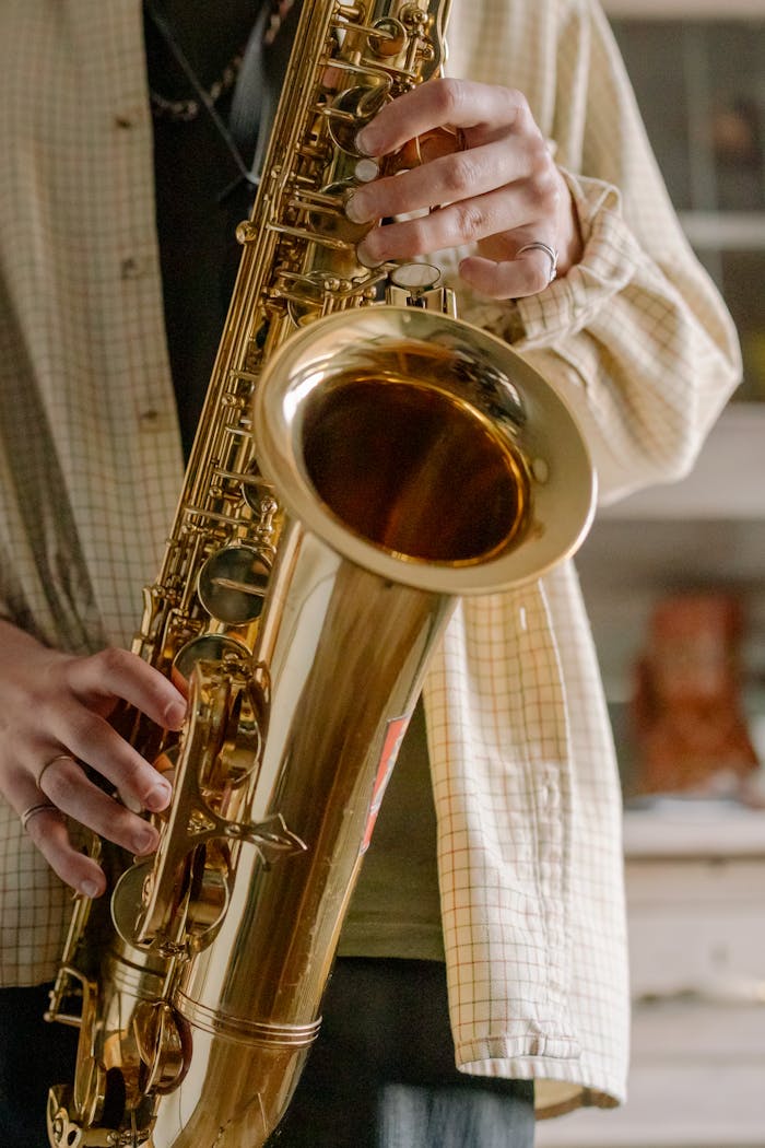 A detailed close-up of a musician's hands playing a saxophone in an indoor setting.